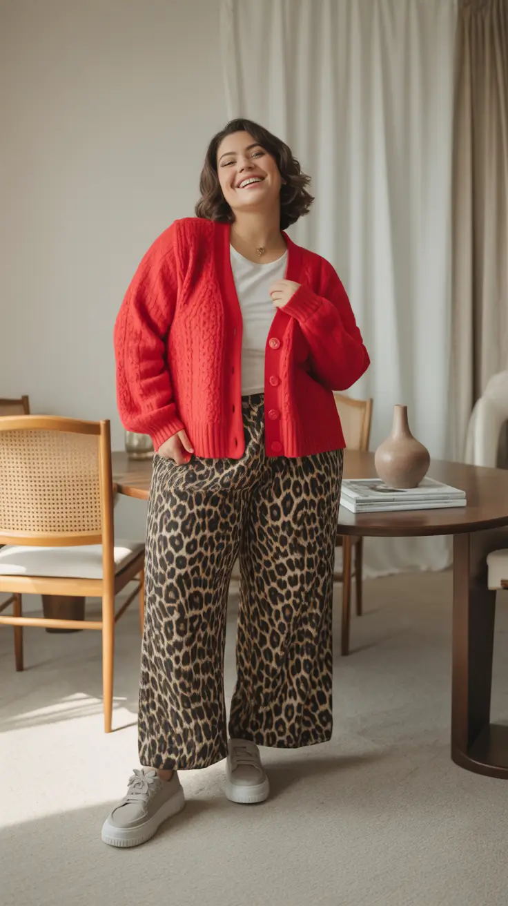 Stylish Plus Size Outfits Winter 2025-2026 Red Cardigan Meets Leopard Print