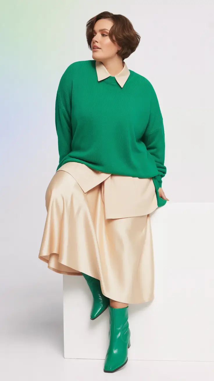 Stylish Plus Size Outfits Winter 2025-2026 Emerald Layers and Satin Skirt