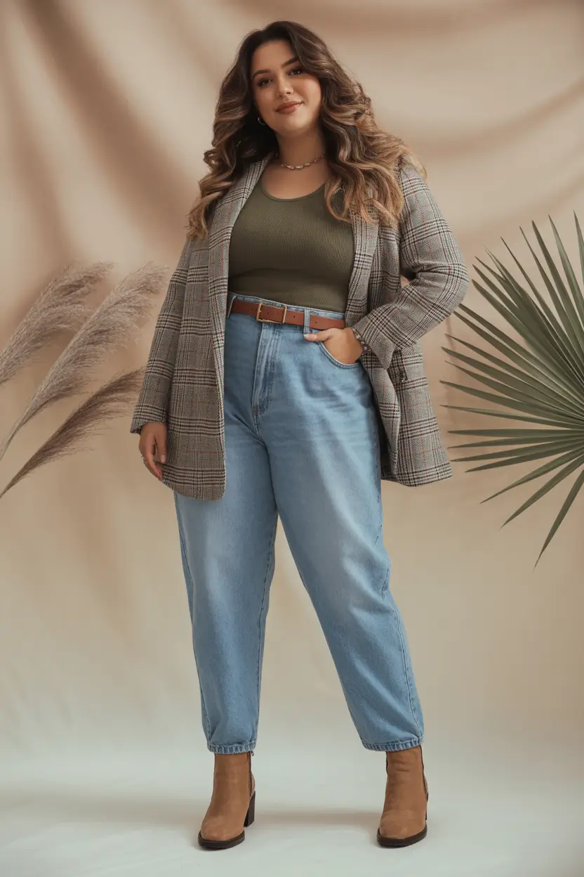 Stylish Plus Size Outfits Winter 2025-2026 Plaid Blazer and Denim Ease