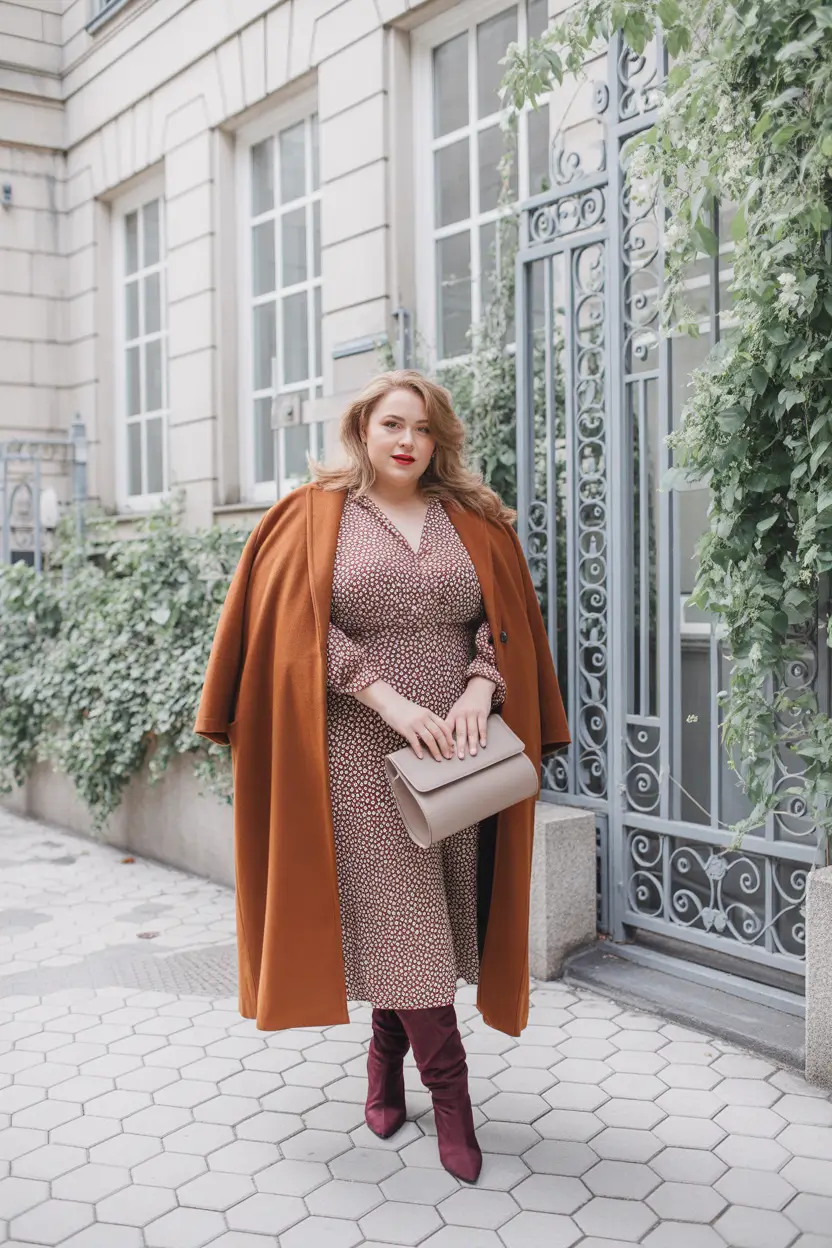 Stylish Plus Size Outfits Winter 2025-2026 Rust Coat and Printed Dress Elegance