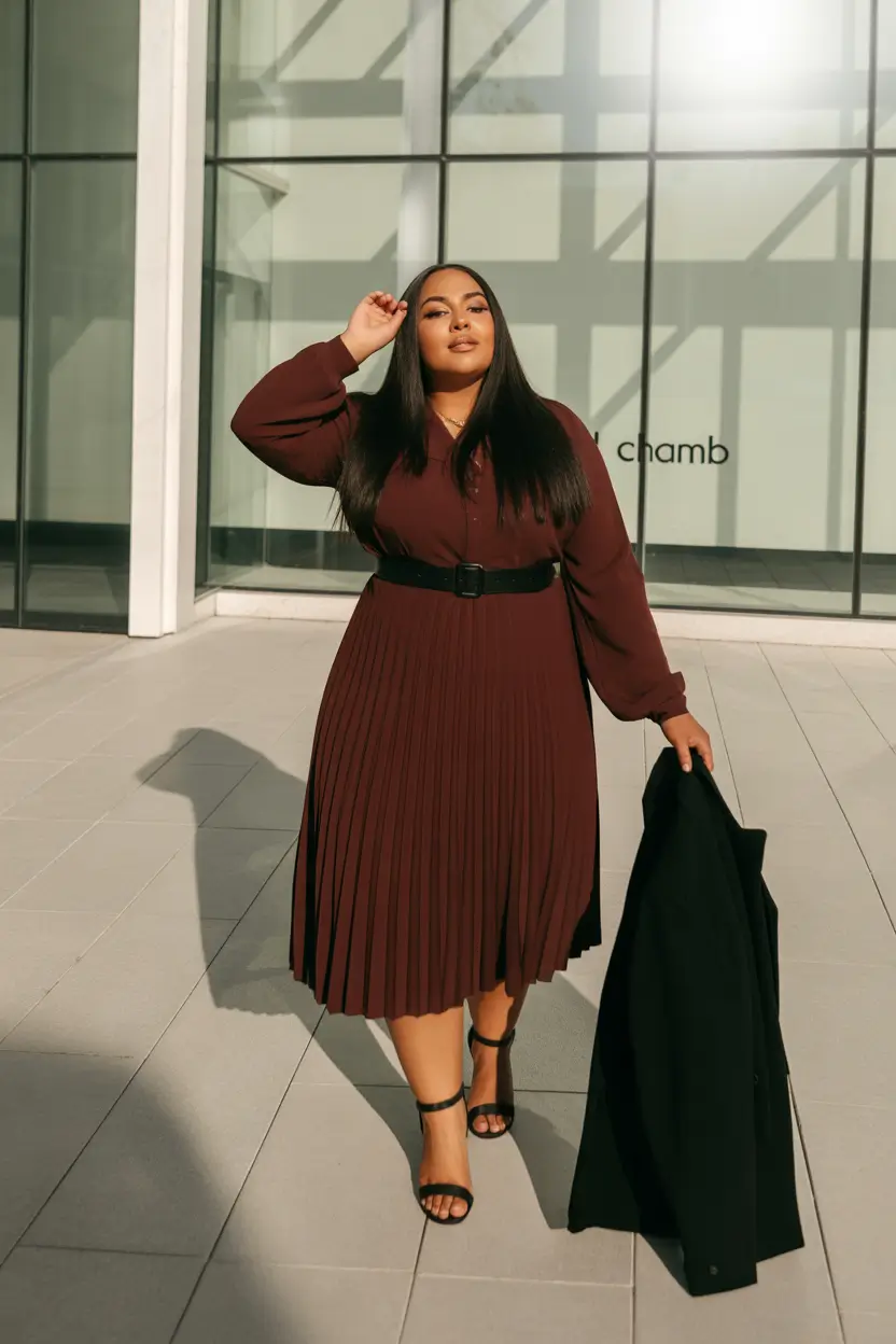 Stylish Plus Size Outfits Winter 2025-2026 Wine Pleats and Belted Confidence