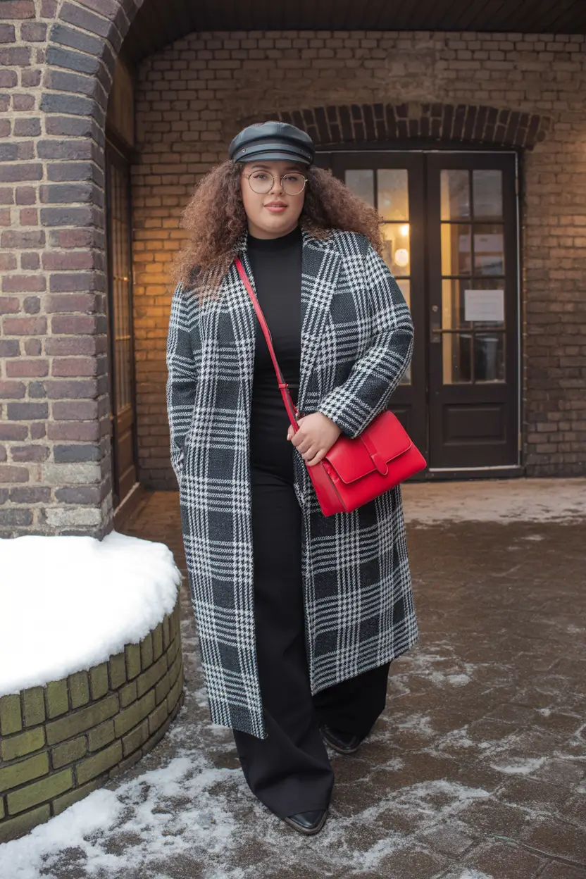 Stylish Plus Size Outfits Winter 2025-2026 Monochrome Plaid Coat Power