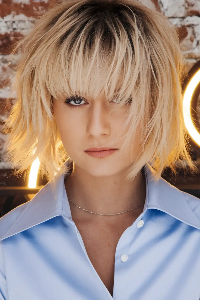 Stylish Short Winter Haircut Ideas 2025-2026 Textured Blonde Bob with Curtain Bangs