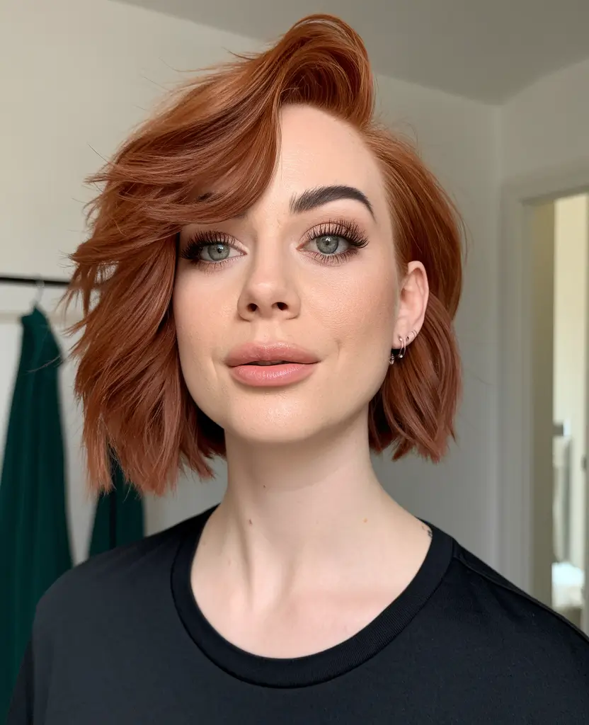 Stylish Short Winter Haircut Ideas 2025-2026 Textured Auburn Lob with Side Volume