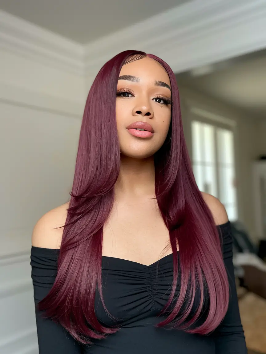 Trending Medium Haircuts Winter 2025-2026 Deep Wine Red with Layers