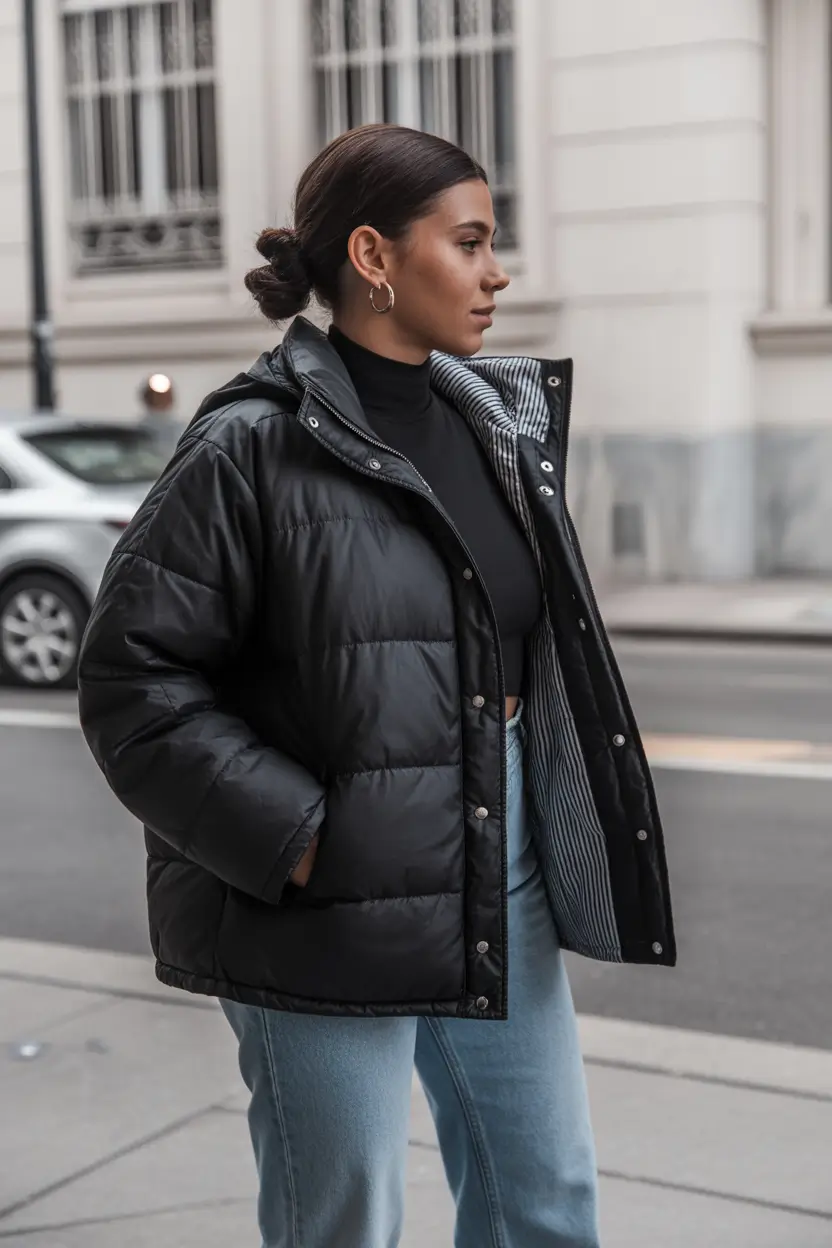 Trendy Winter 2025 - 2026 Puffer Jacket Outfit Everyday Chic in Black and Denim