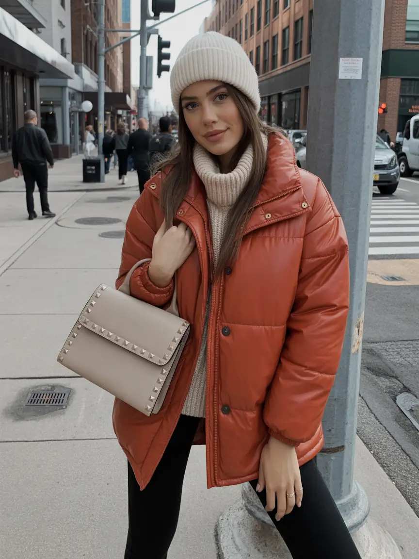 Trendy Winter 2025 - 2026 Puffer Jacket Outfit Warm Neutrals With an Orange Glow