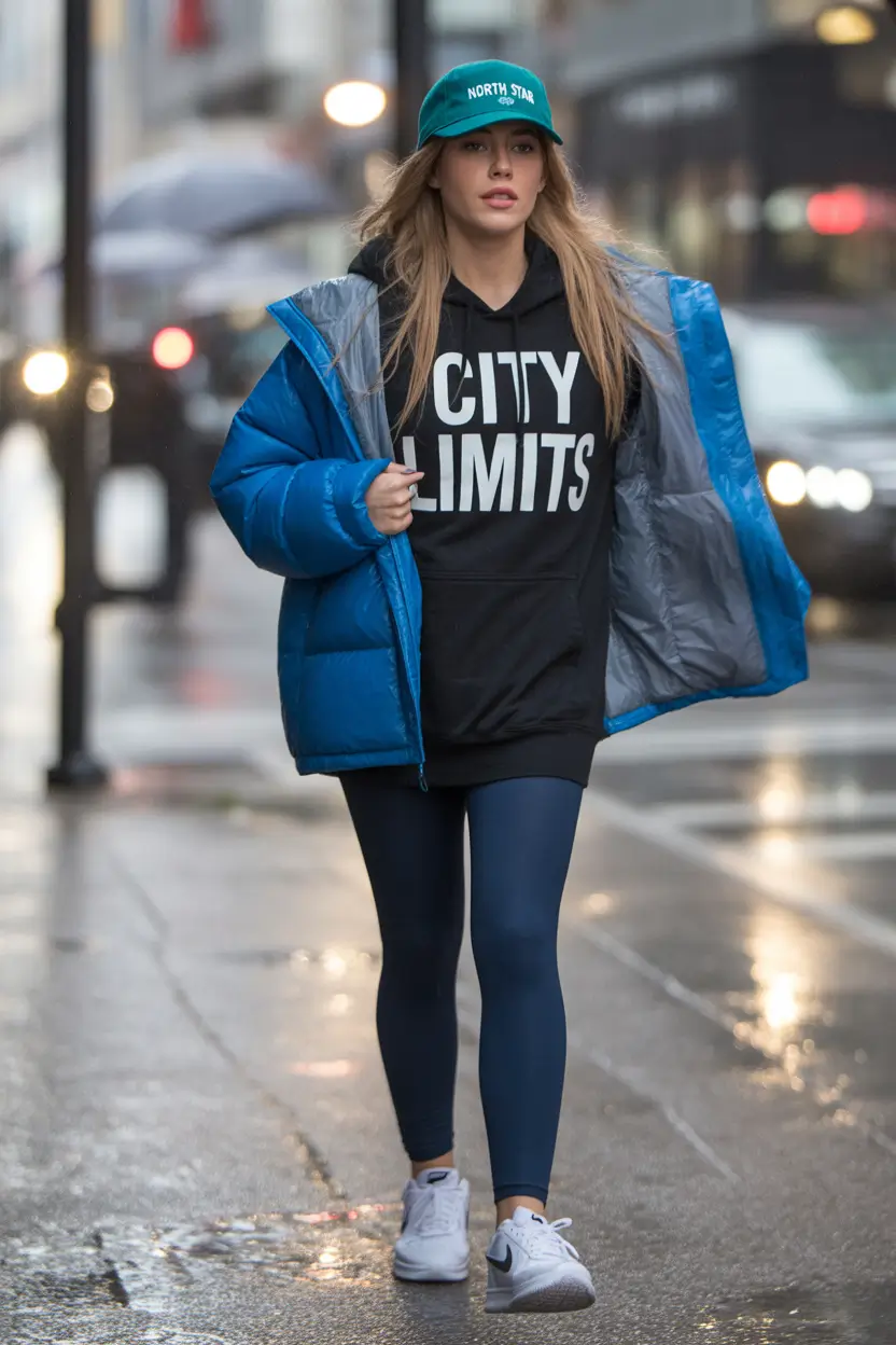 Trendy Winter 2025 - 2026 Puffer Jacket Outfit Sporty Blue Energy