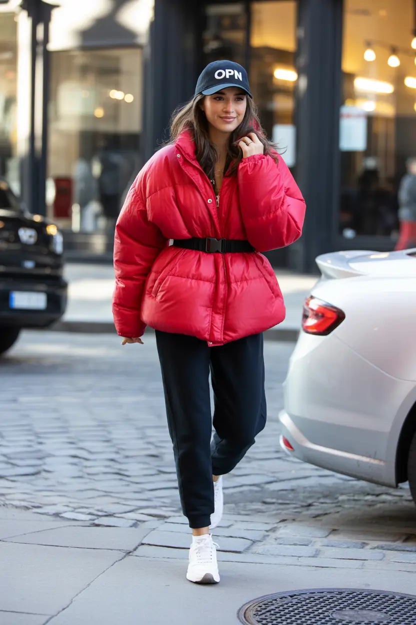 Trendy Winter 2025 - 2026 Puffer Jacket Outfit Bold Red Confidence
