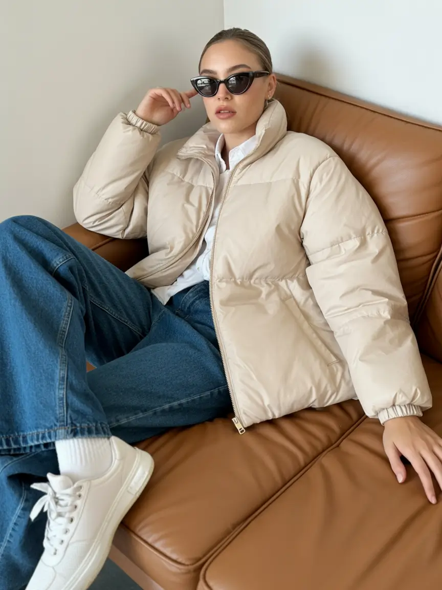 Trendy Winter 2025 - 2026 Puffer Jacket Outfit Relaxed Beige Coolness