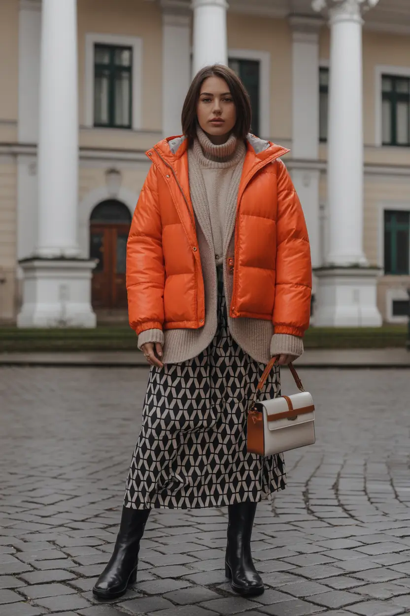 Trendy Winter 2025 - 2026 Puffer Jacket Outfit Graphic Elegance in Orange