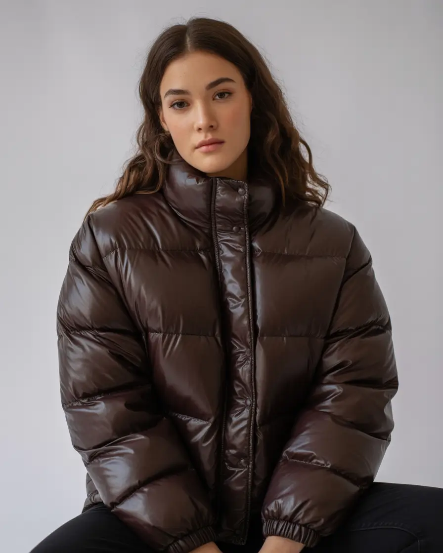 Trendy Winter 2025 - 2026 Puffer Jacket Outfit Glossy Brown Minimalism