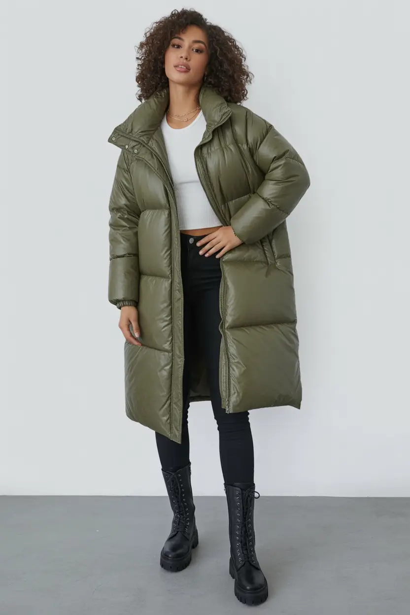 Trendy Winter 2025 - 2026 Puffer Jacket Outfit Structured Green Statement