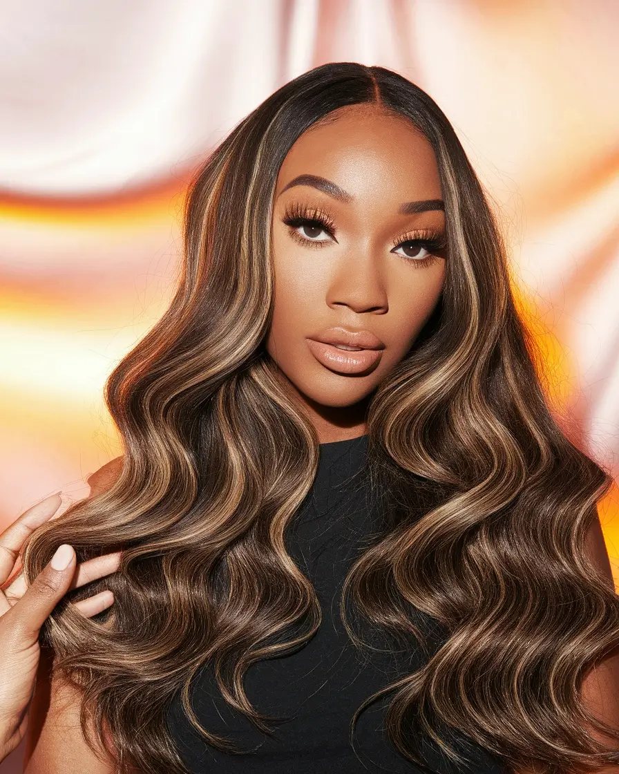 Winter 2025-2026 Hair Colors Ideas for Black Women Honey-Highlighted Volume
