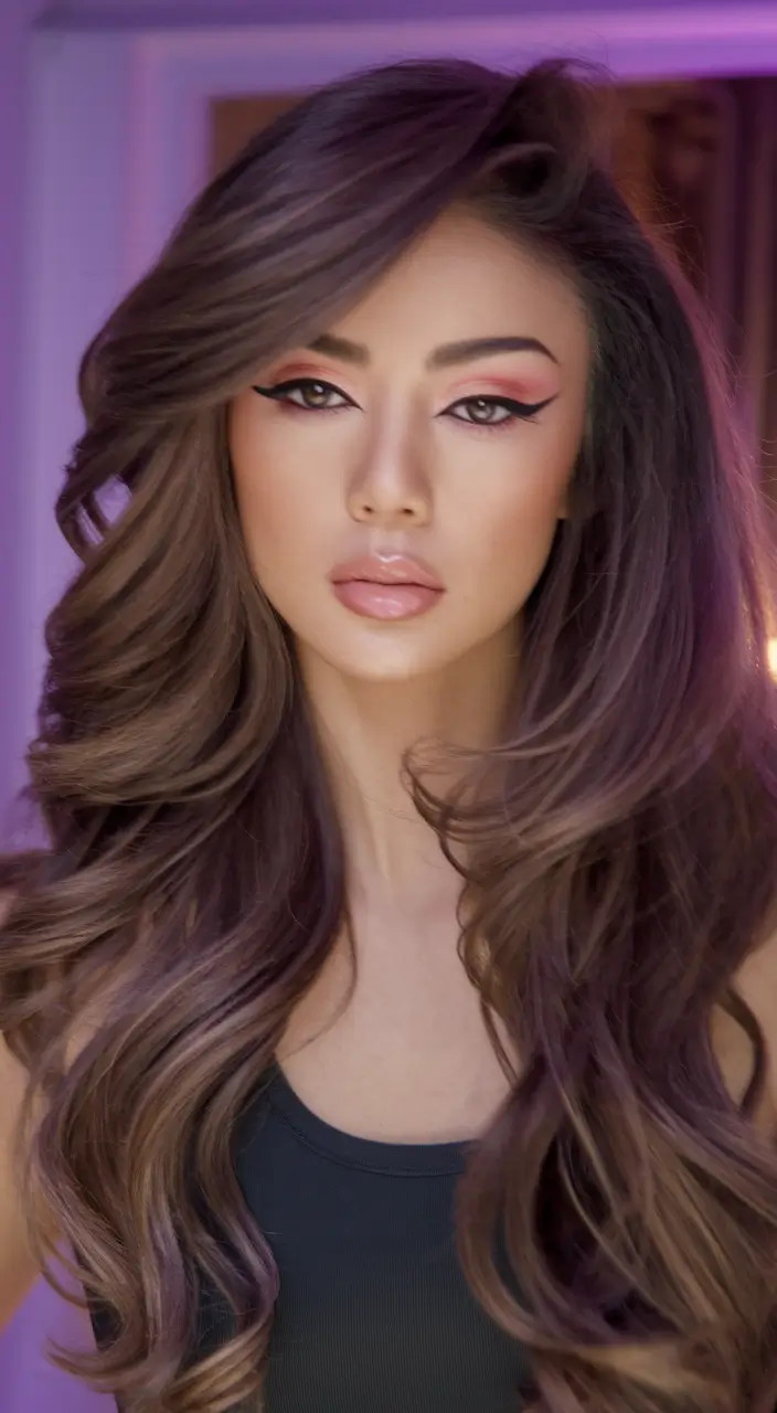 Winter 2025-2026 Hair Colors Ideas for Brown Hair Lavender-Tinted Brunette with Voluminous Curls