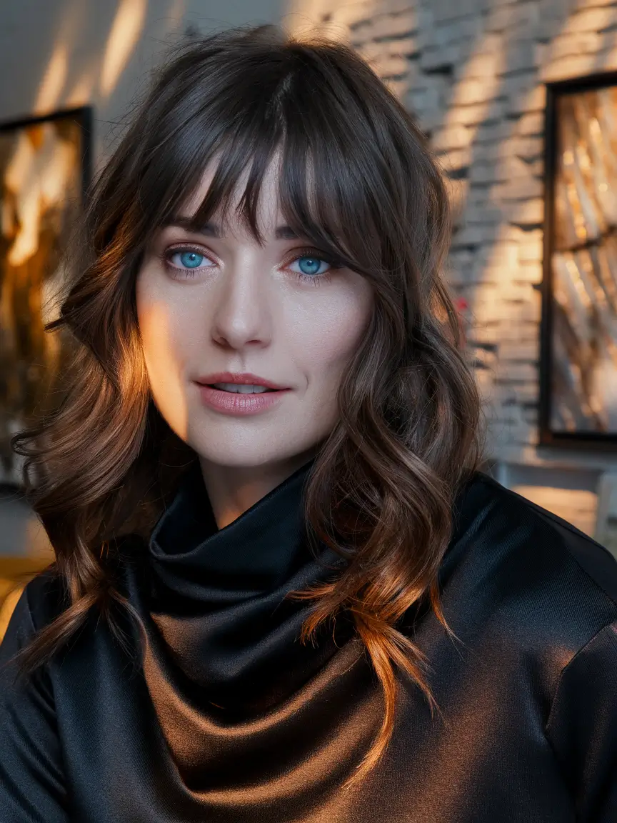 Winter 2025-2026 Hair Colors Ideas for Brown Hair Soft Brunette Balayage with Gentle Bangs