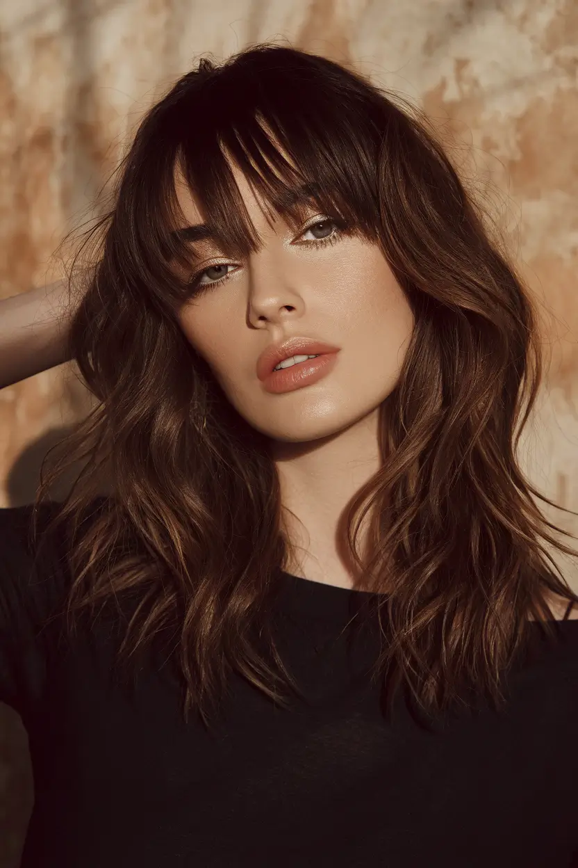 Winter 2025-2026 Hair Colors Ideas for Brown Hair Balayage Waves with Bohemian Bangs