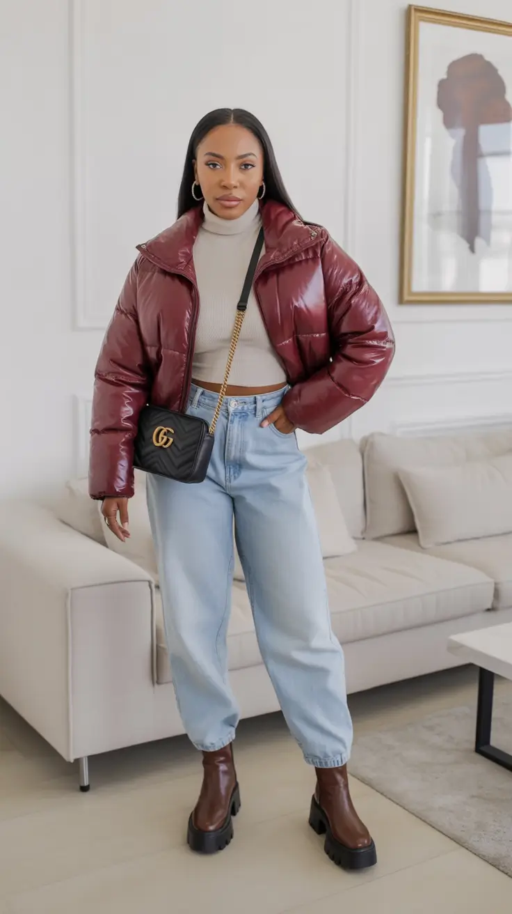 Winter 2025 - 2026: Outfits for Black Girl Glossy Burgundy with Denim Ease