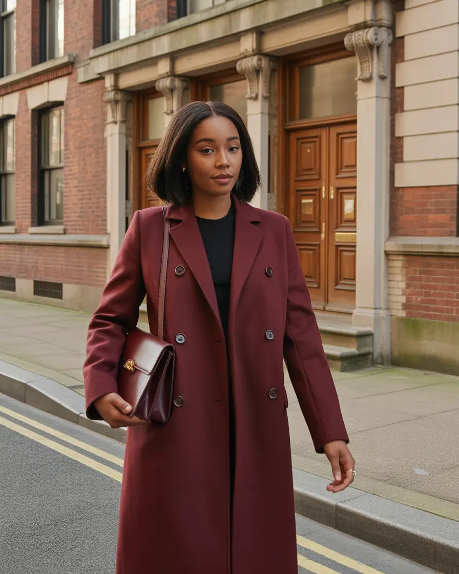 Winter 2025 - 2026: Outfits for Black Girl Burgundy Coat Sophistication