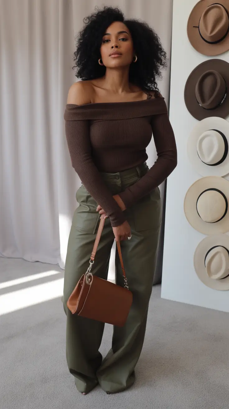Winter 2025 - 2026: Outfits for Black Girl Chocolate Off-Shoulder with Olive Green
