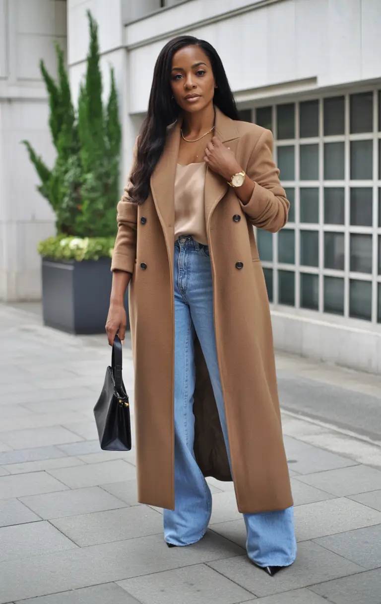 Winter 2025 - 2026: Outfits for Black Girl Classic Camel Coat with Denim Ease