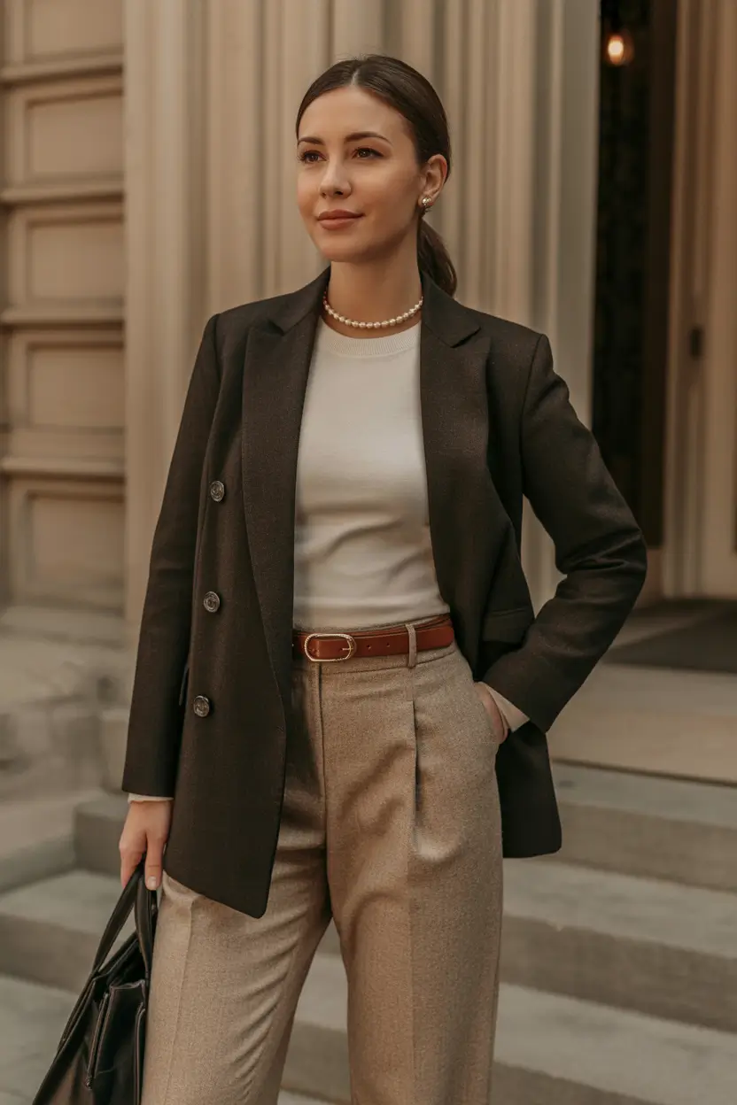 Work Outfits for Women: Winter 2025 - 2026 Classic Blazer and Pearl Elegance