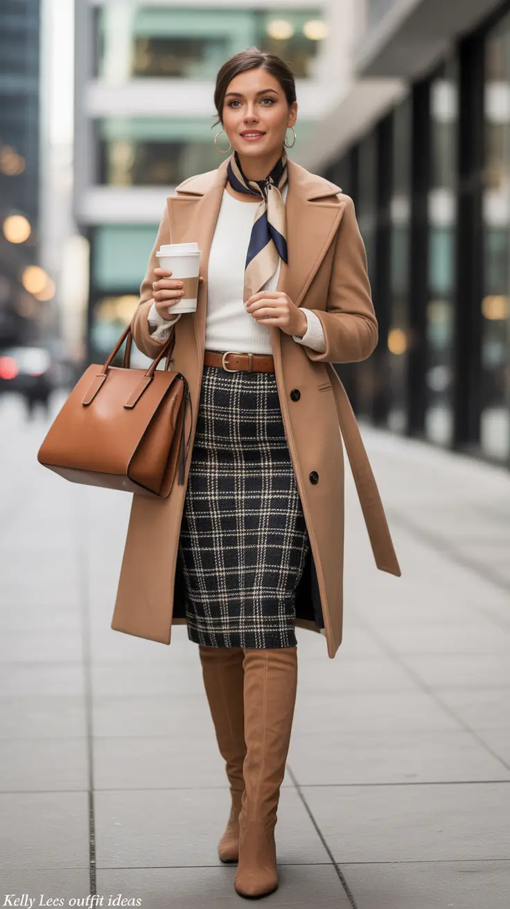 Work Outfits for Women: Winter 2025 - 2026 Check Skirt and Camel Coat Classic