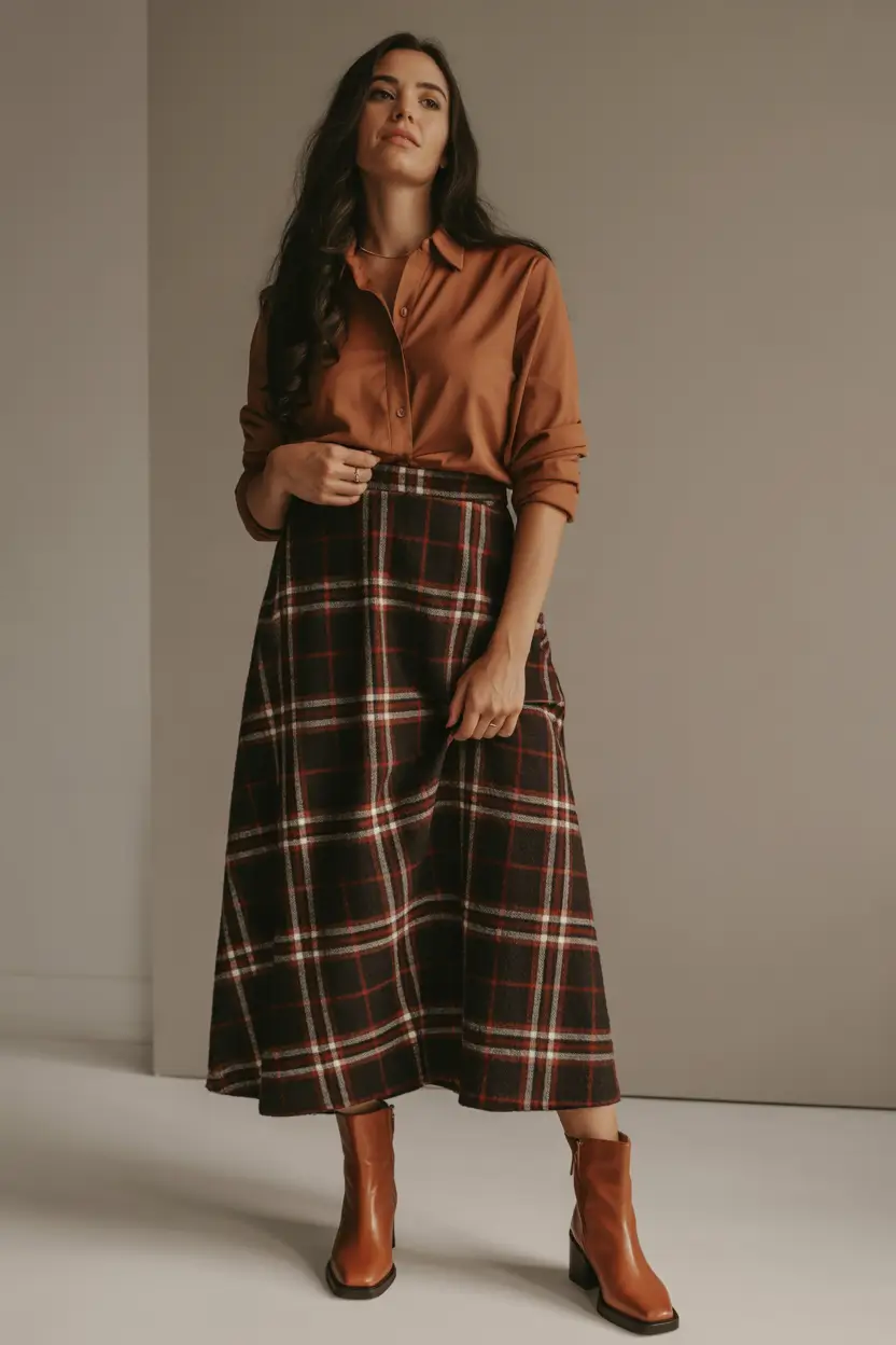 Work Outfits for Women: Winter 2025 - 2026 Rust Shirt and Plaid Skirt Balance