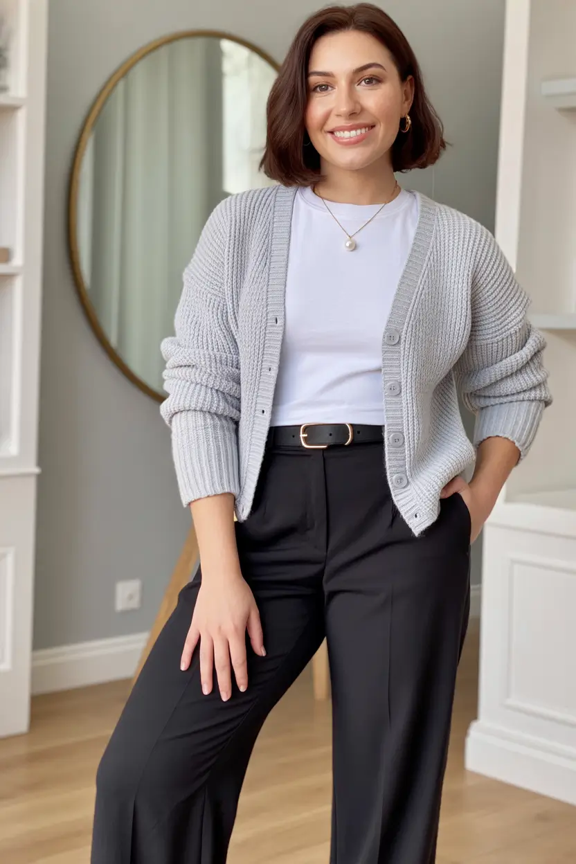 Work Outfits for Women: Winter 2025 - 2026 Soft Gray Cardigan Ease