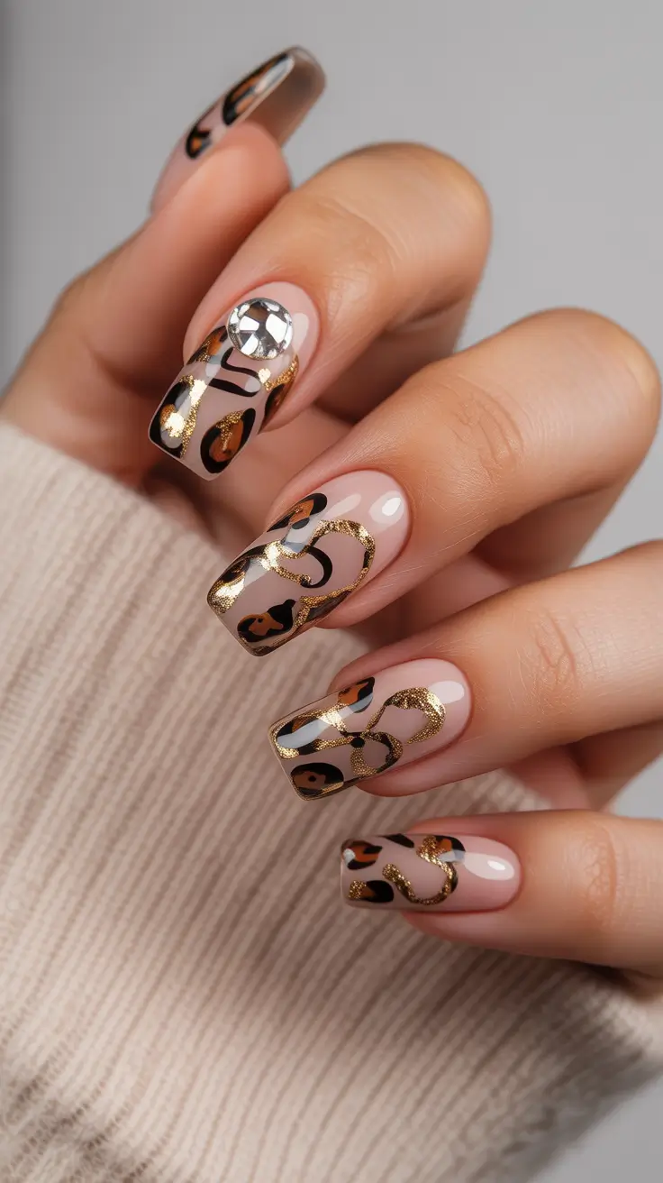 Acrylic Nail Trends Winter 2025-2026 Golden Leopard Luxe