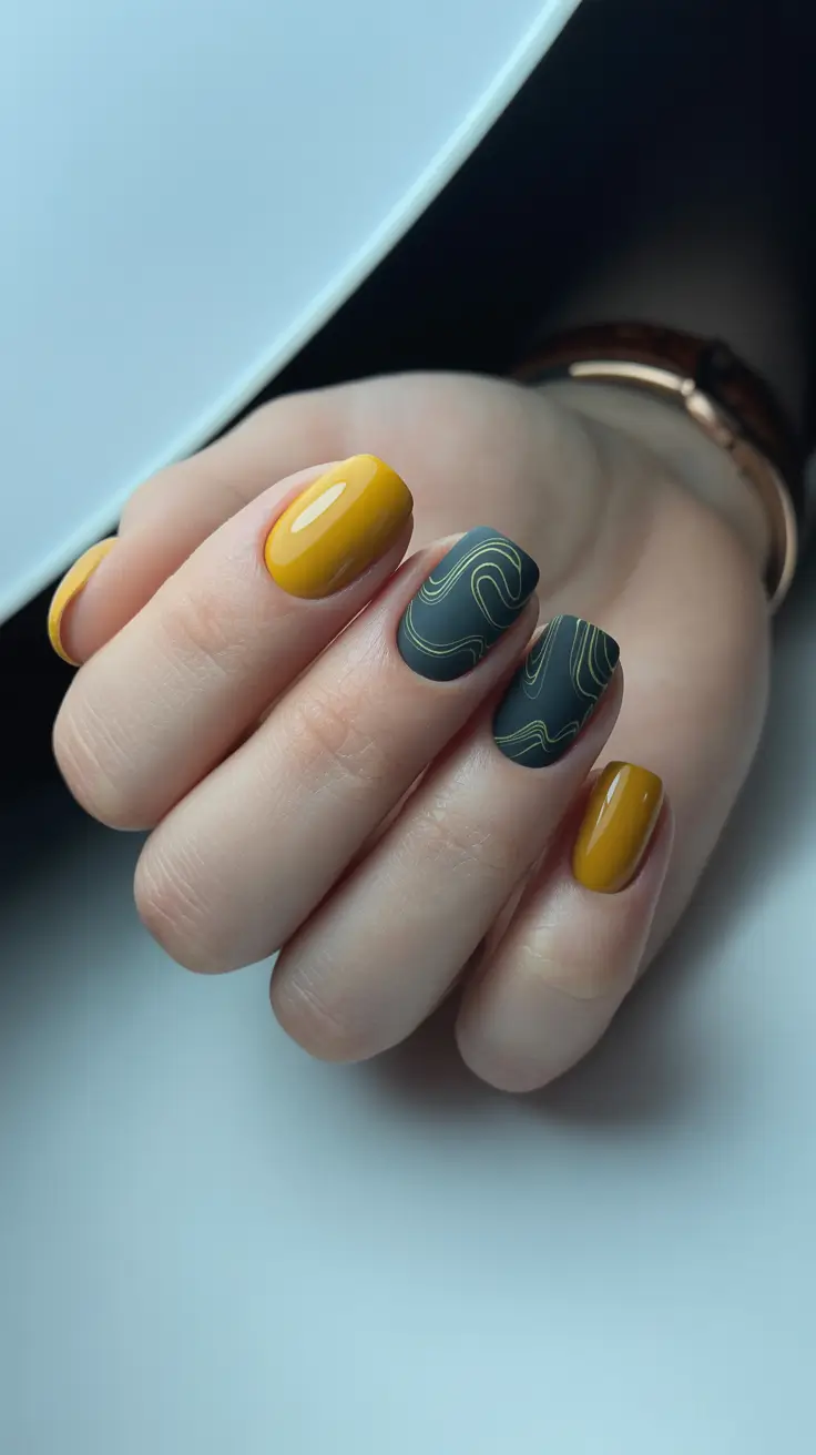 Acrylic Nail Trends Winter 2025-2026 Mustard & Charcoal Mix