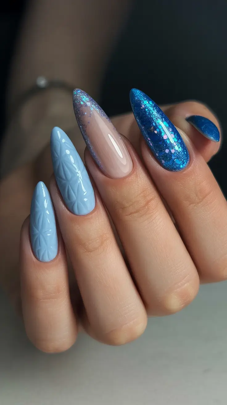 Best Blue Nails Christmas 2025 Snowflake Sweater Texture