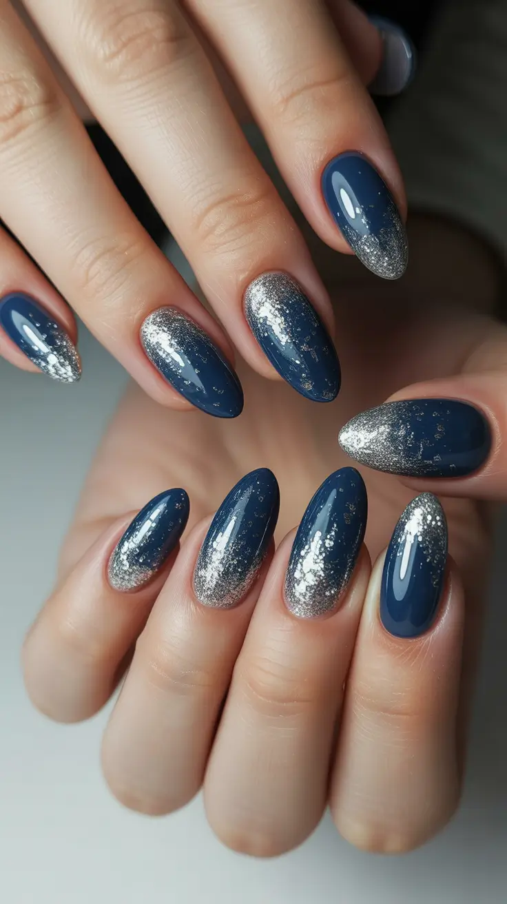 Best Blue Nails Christmas 2025 Frosted Silver Lights