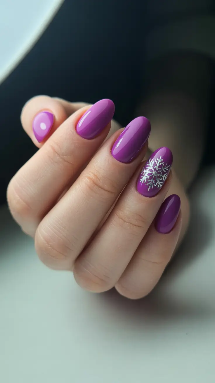 Best Nail Art for Christmas 2025 Magenta Glow with Silver Snowflake Charm