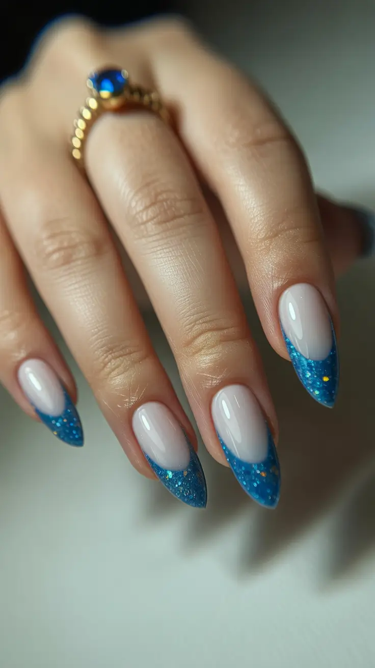 Best Nail Art for Christmas 2025 Icy Blue Glitter French Magic