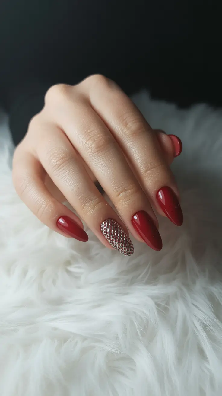 Best Nail Art for Christmas 2025 Velvet Red with Diamond Net Accent