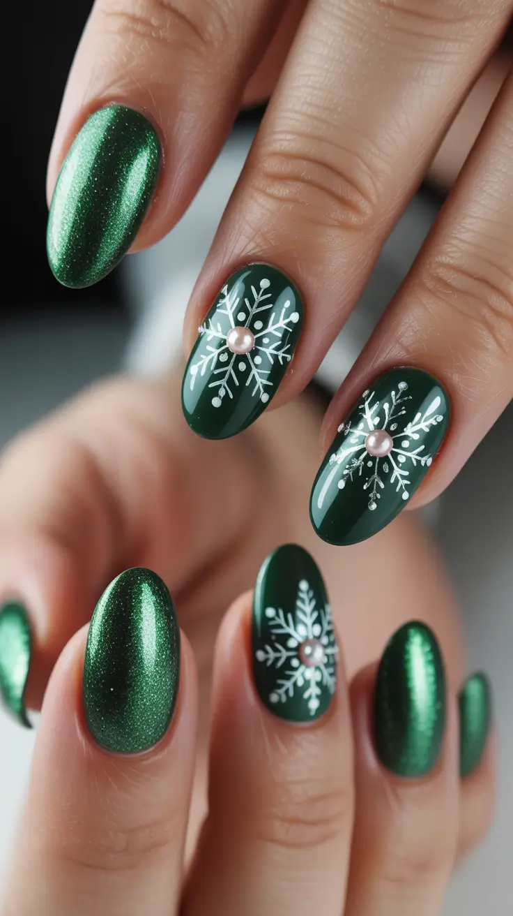 Best Nail Art for Christmas 2025 Emerald Snowflake Glam