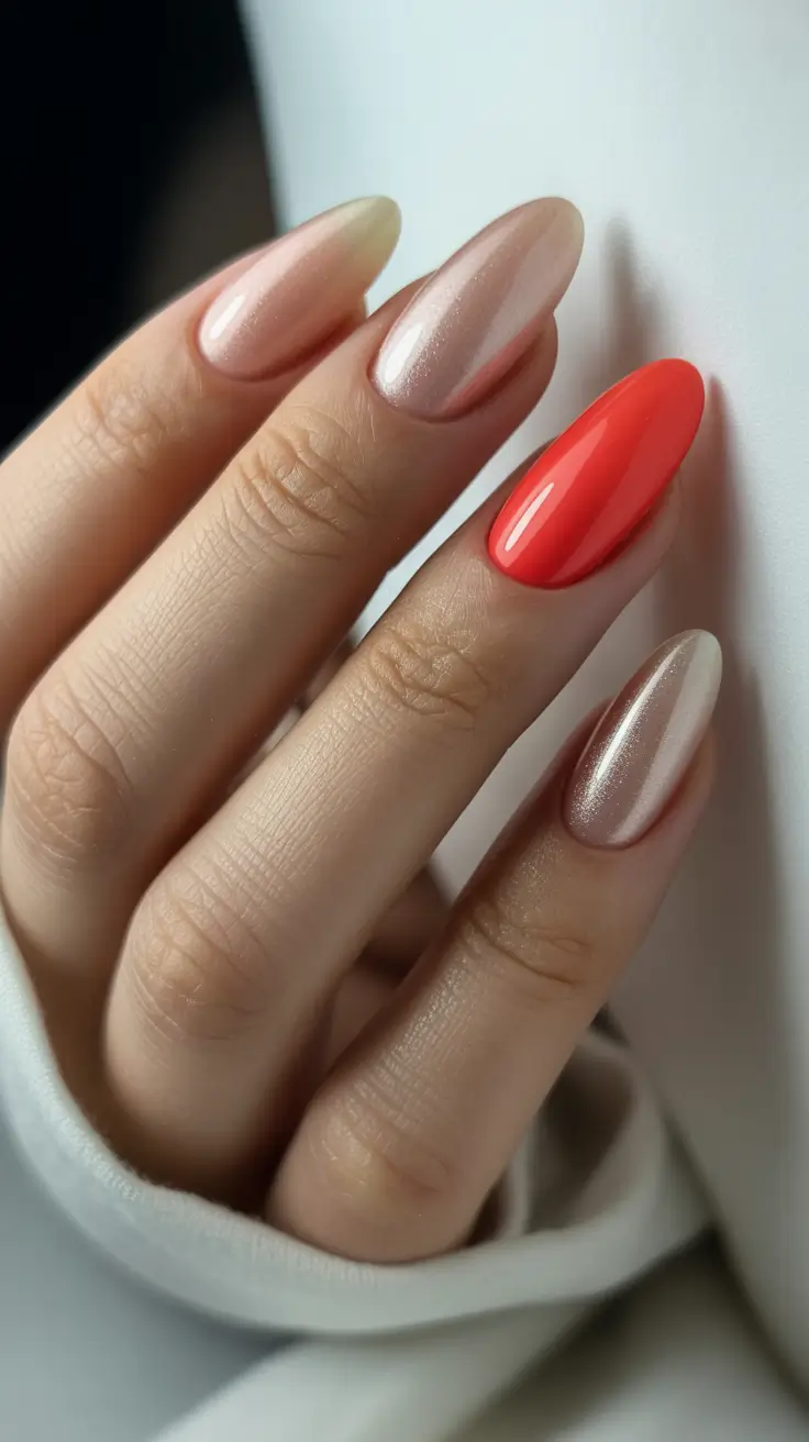 Best Nail Art for Christmas 2025 Soft Champagne with a Coral Pop