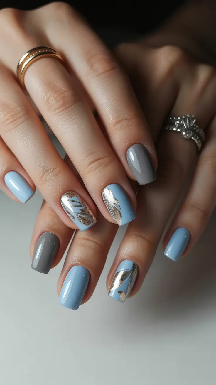 Best Nail Art for Christmas 2025 Frosted Gray and Icy Blue Leaf Art