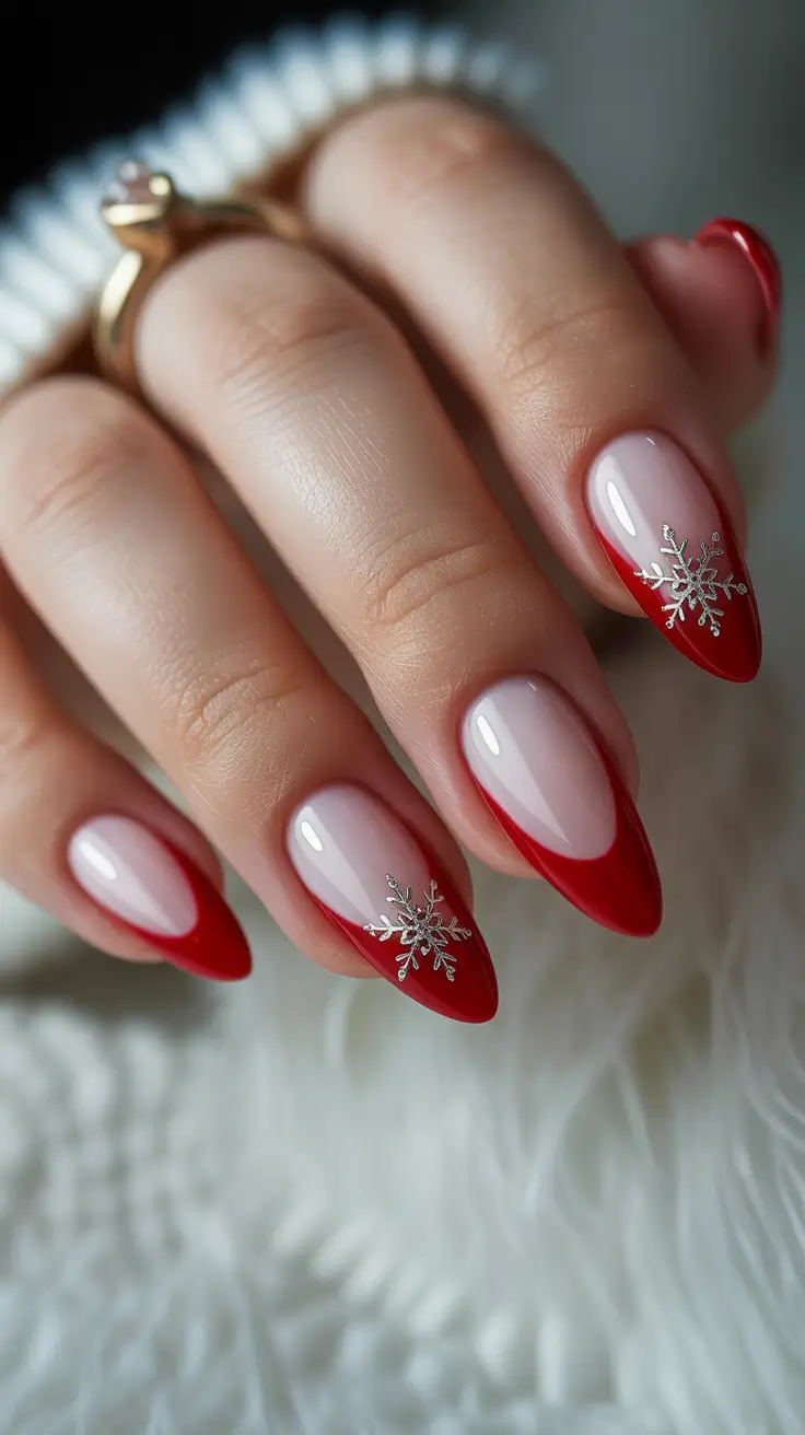 Best Nail Art for Christmas 2025 Classic Red French with Silver Snowflakes
