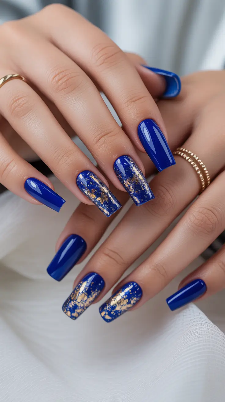 Best Simple Winter Nail Looks 2025-2026 Royal Blue & Gold Flake Magic