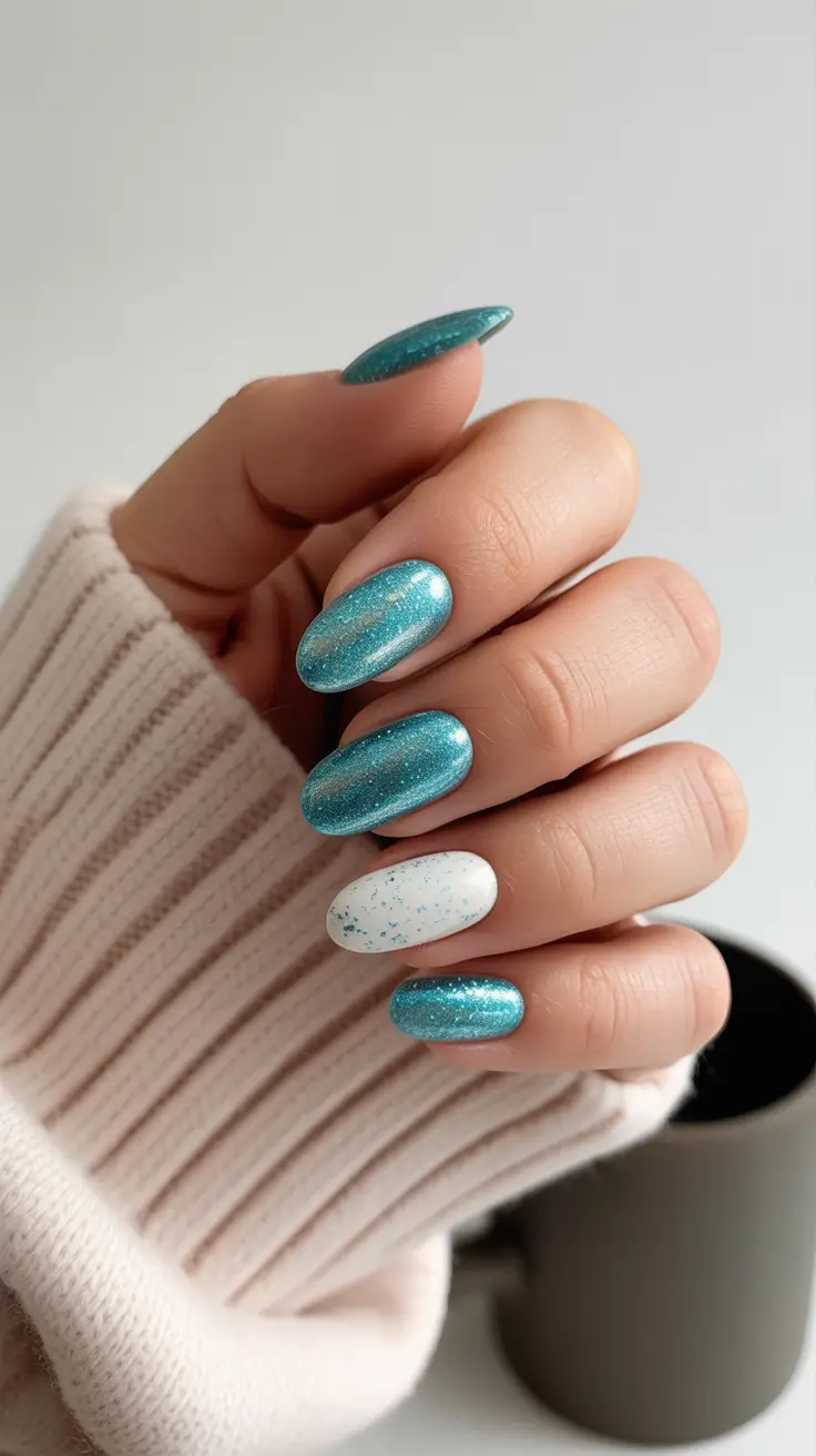 Best Simple Winter Nail Looks 2025-2026 Frozen Teal & Snowflake White