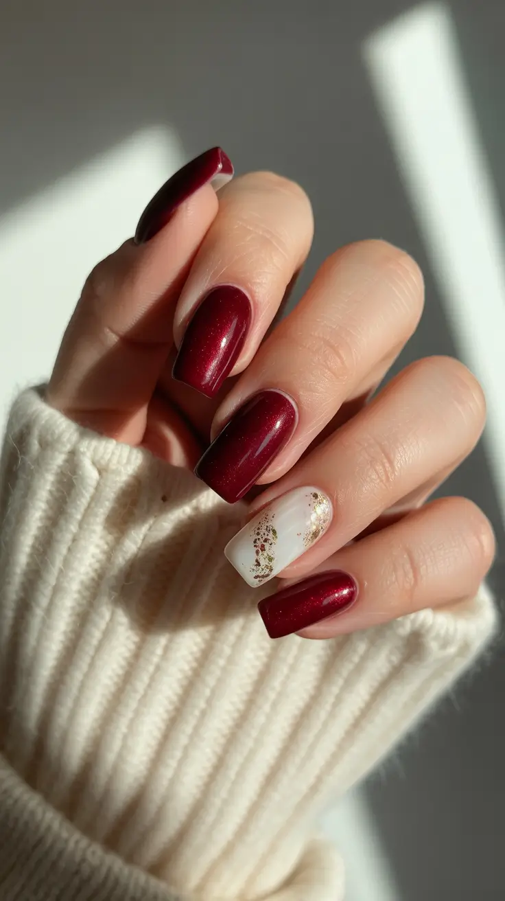 Best Simple Winter Nail Looks 2025-2026 Crimson Velvet & Snow Accent