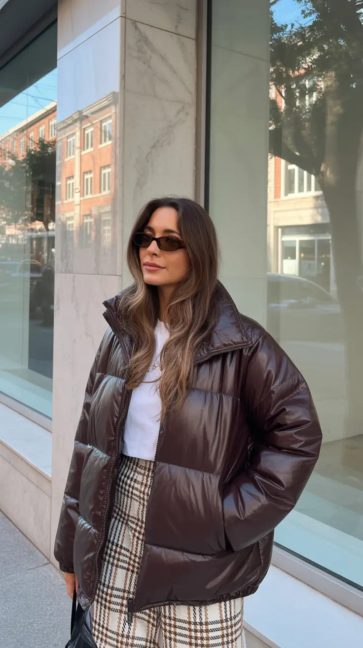 casual outfits for women 2026 Chocolate Shine Meets Plaid Ease