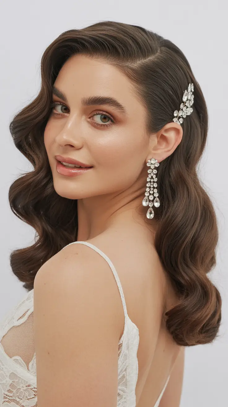 christmas hairstyles ideas 2025 Elegant Side Part with Crystal Barrette