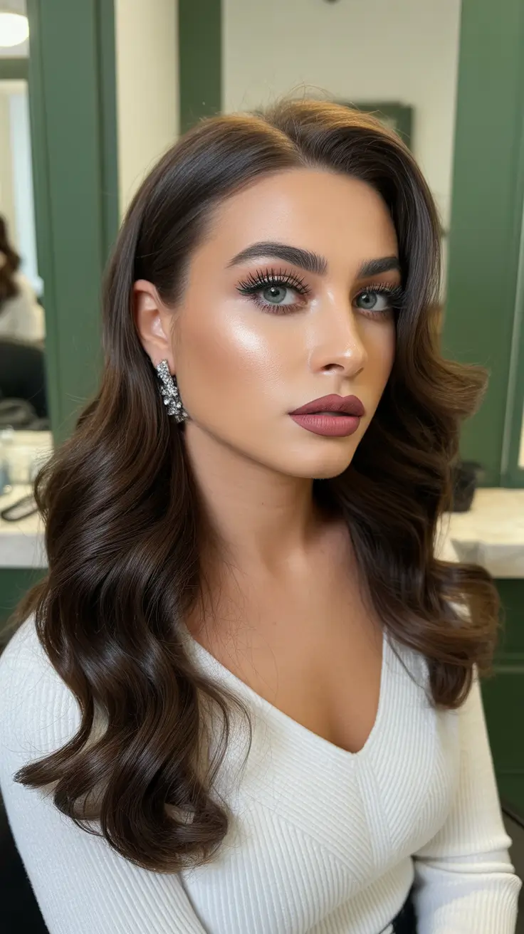 christmas hairstyles ideas 2025 Glossy Brunette Waves with Statement Earrings
