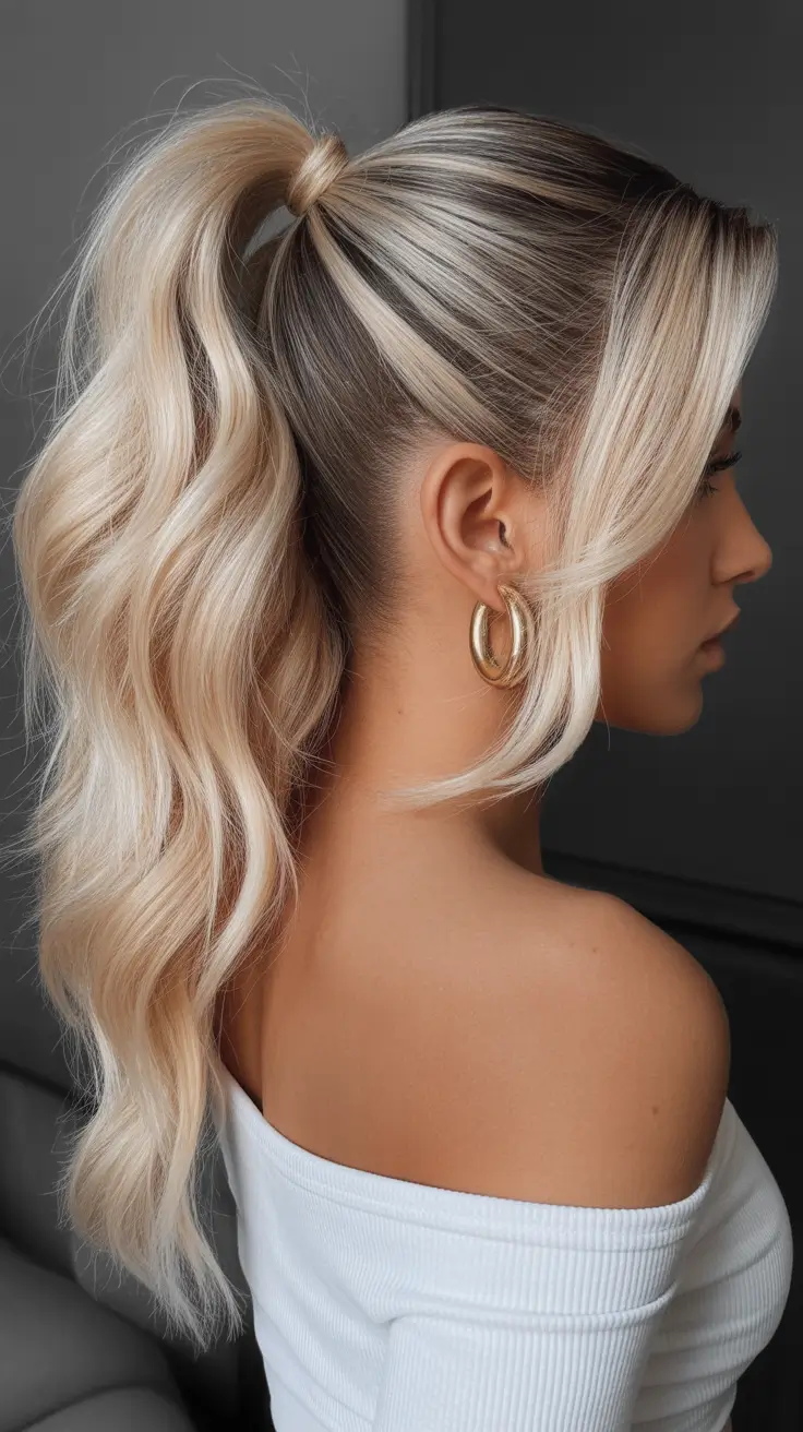 christmas hairstyles ideas 2025 Playful Blonde Ponytail with Waves