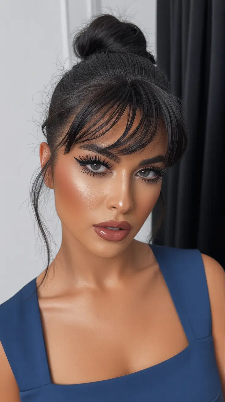 christmas hairstyles ideas 2025 Soft Bun With French Bangs