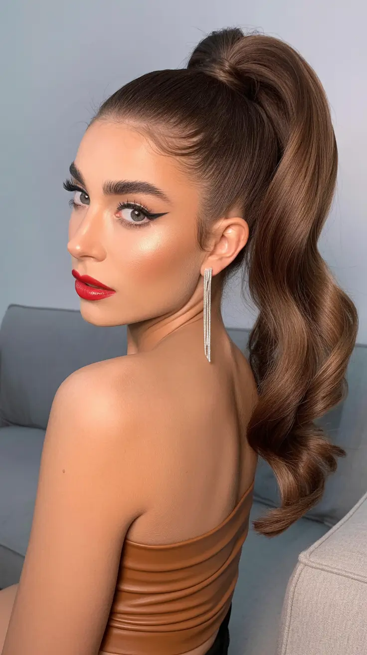 christmas hairstyles ideas 2025 High Ponytail with Retro Waves