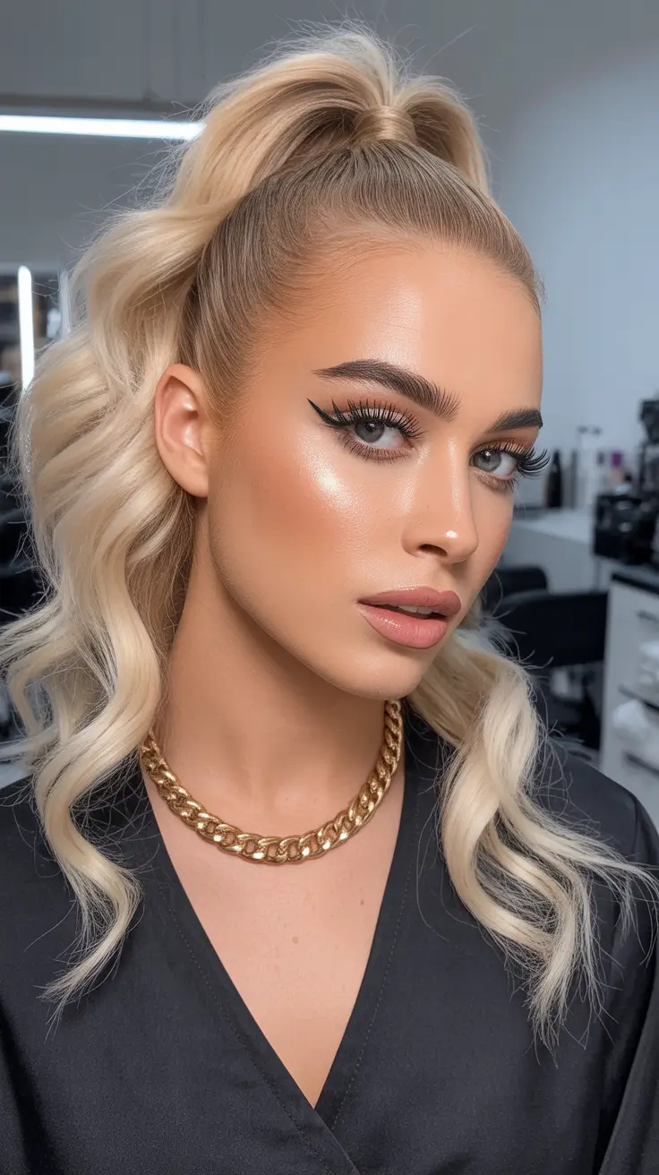 christmas hairstyles ideas 2025 Curly High Ponytail Glow